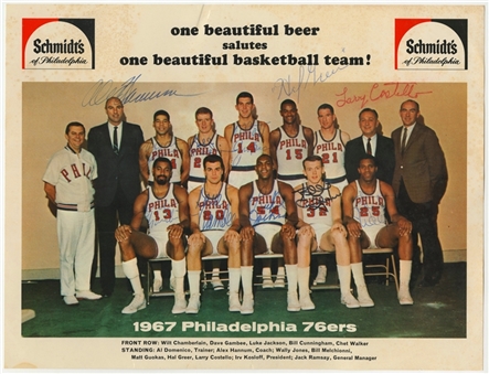 1967 Philadelphia 76ers Team Signed "Schmidts" 10 1/2 x 14 Promo Team Photo Including Chamberlain with Original Letter to Fan from Alex Hannum on Team Stationery- Including Original Envelope (PSA/DNA)